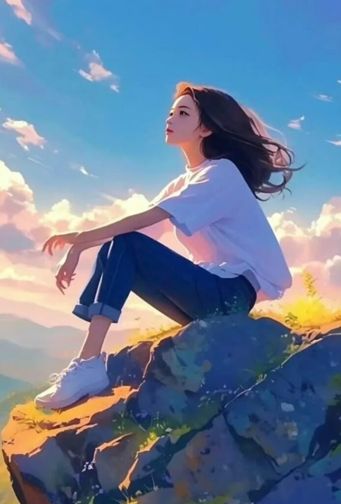 Cute cartoon girl sitting on mountain cliff at sunset in peaceful anime-style scenery