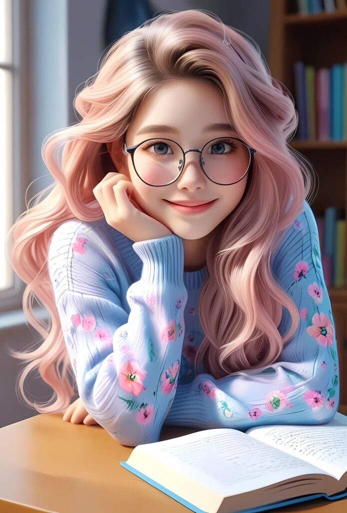 Adorable cartoon girl with pink hair, glasses, and a floral sweater reading a book – cute study-themed DP