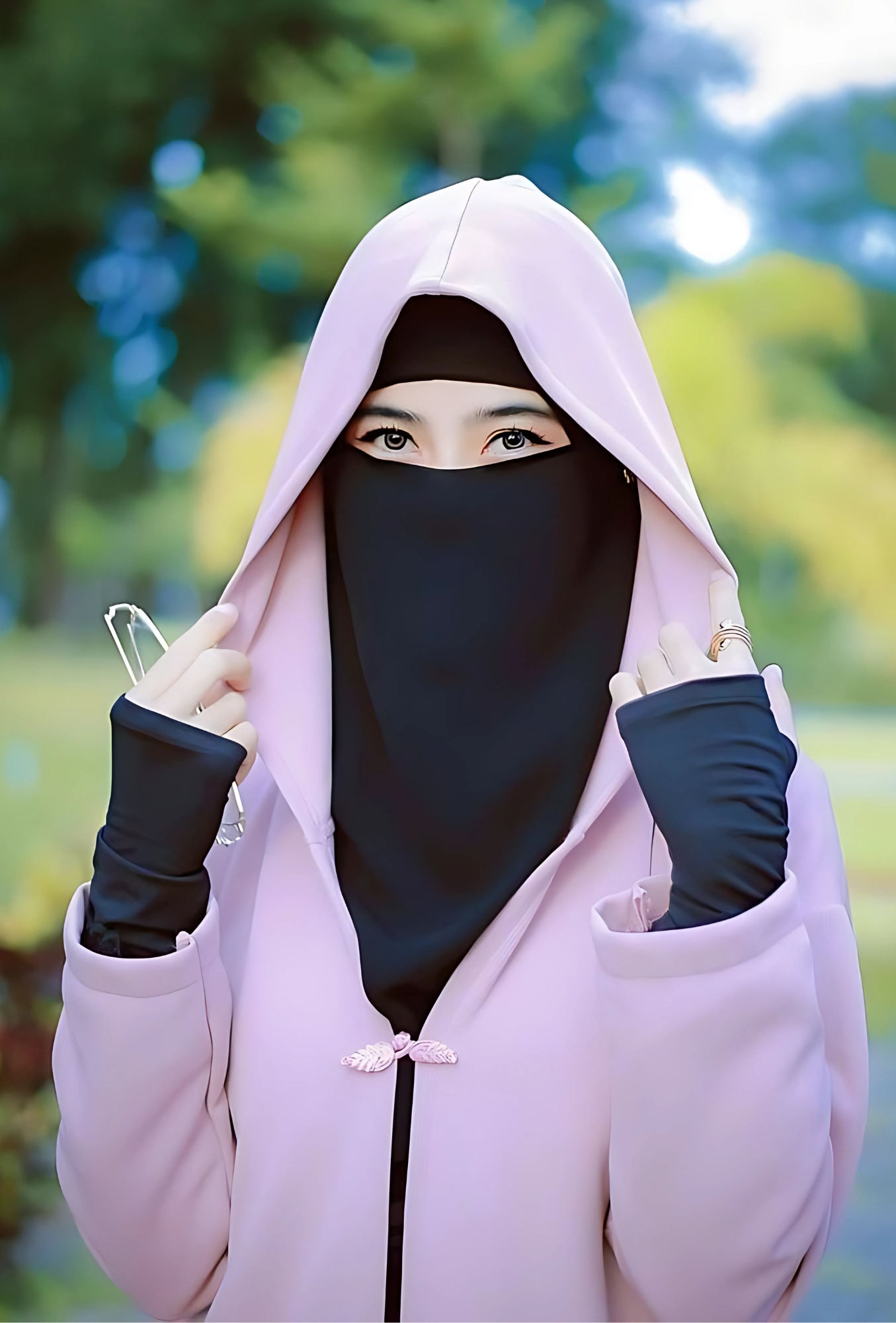 Cute hijab girl in black niqab and pink hoodie posing outdoors with soft expression – perfect profile pic.