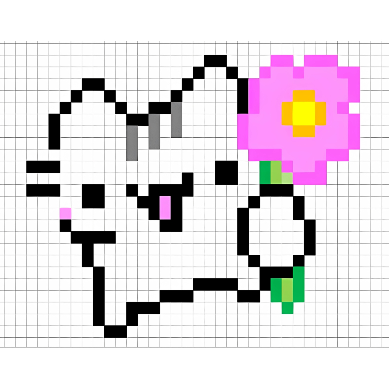 Pixel art of a cute white cat holding a pink flower with a yellow center, outlined in black on a grid background.
