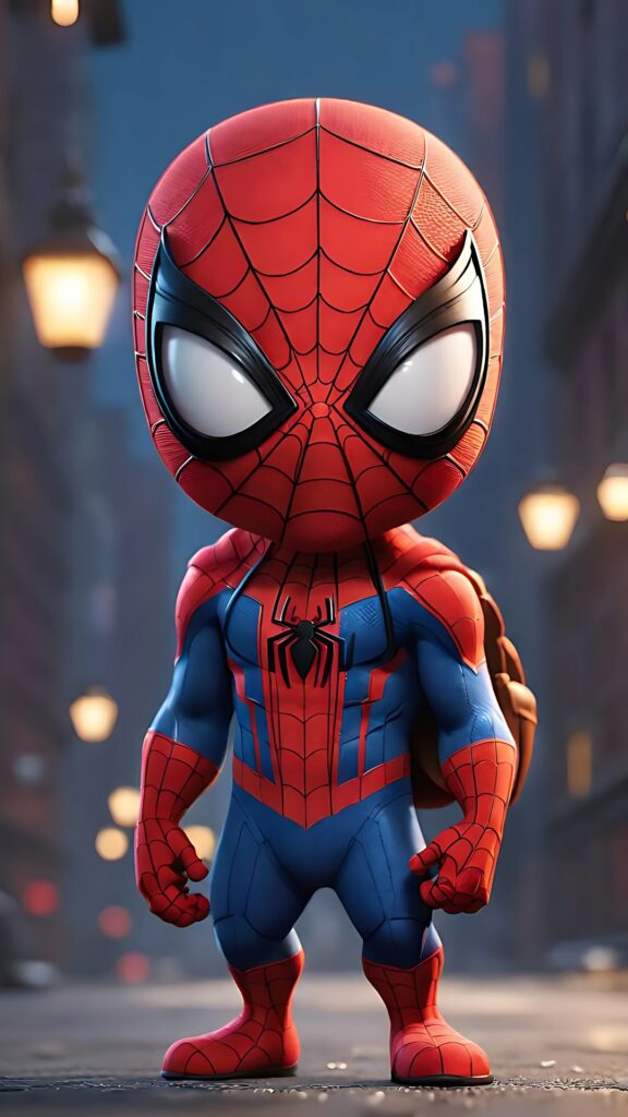 Adorable cartoon-style Spider-Man with a backpack standing confidently in a city alley – cute Spider-Man wallpaper in HD