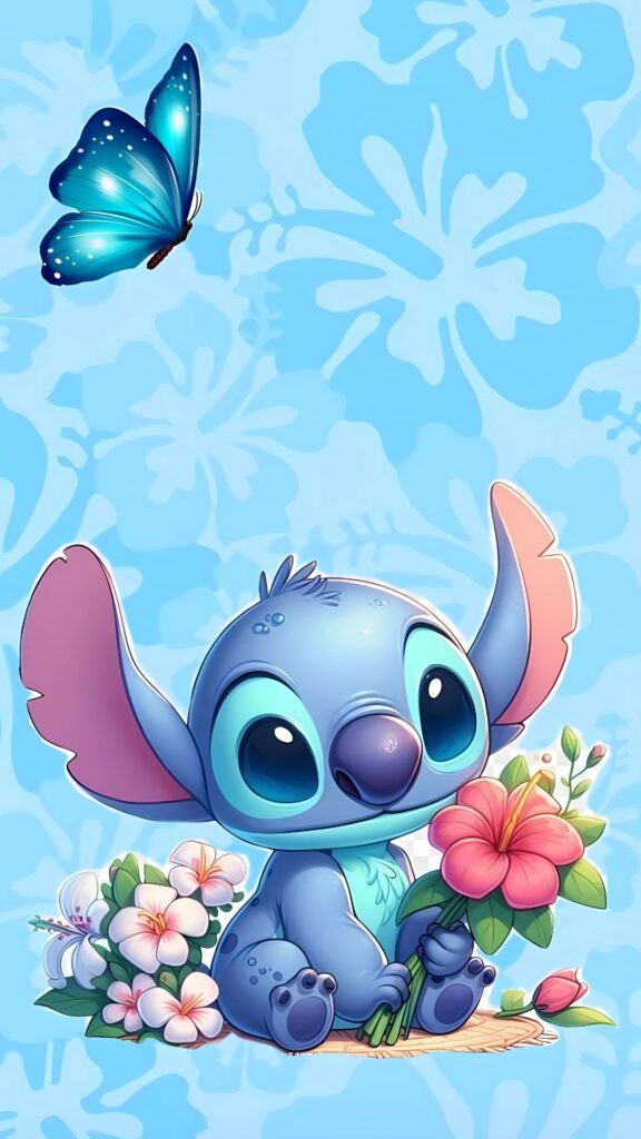 Adorable Stitch sitting with flowers and a blue butterfly on a tropical blue floral background, perfect for phone wallpaper