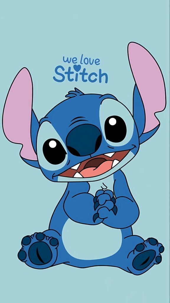 Adorable cartoon image of Stitch from Disney's Lilo & Stitch, sitting with a joyful smile on a light blue background with "We Love Stitch" text above