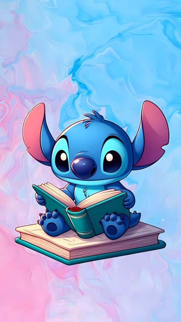 Adorable Stitch reading a book while sitting on stacked books with a pastel pink and blue marble background