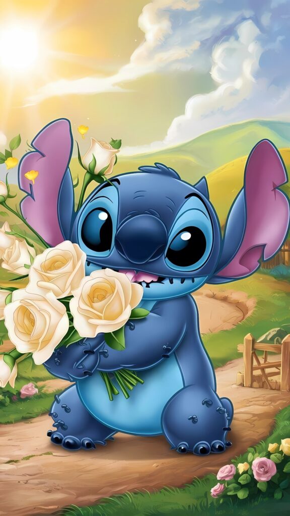 Stitch holding a bouquet of white roses on a sunny countryside path, smiling under a bright blue sky with rolling green hills in the background
