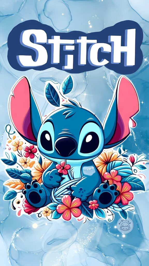 Cute cartoon Stitch character sitting among bright tropical flowers with big eyes and a playful expression on a glossy, icy-blue background, with bold “Stitch” text above