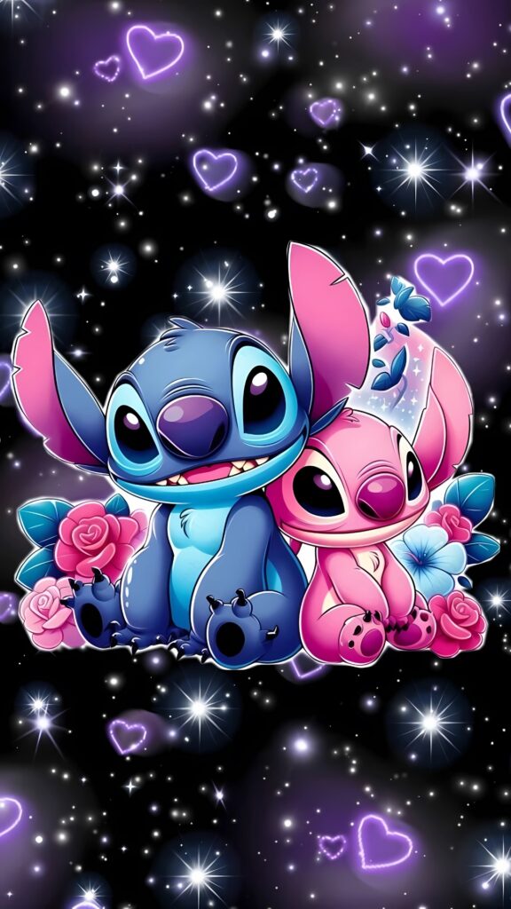 Adorable Stitch and Angel sitting together with roses and neon hearts on a starry galaxy background