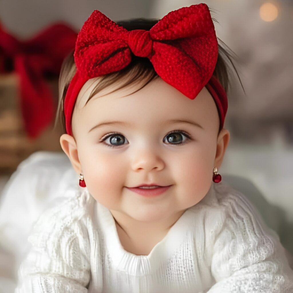 Adorable baby girl with big eyes, red bow headband, and cozy white sweater lying on a fluffy surface – cute baby WhatsApp DP.
