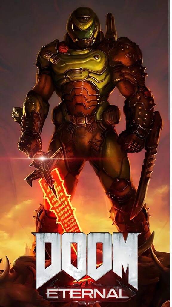 High-resolution DOOM Eternal wallpaper showing the Doom Slayer in full armor wielding the glowing Crucible sword against a fiery apocalyptic backdrop.