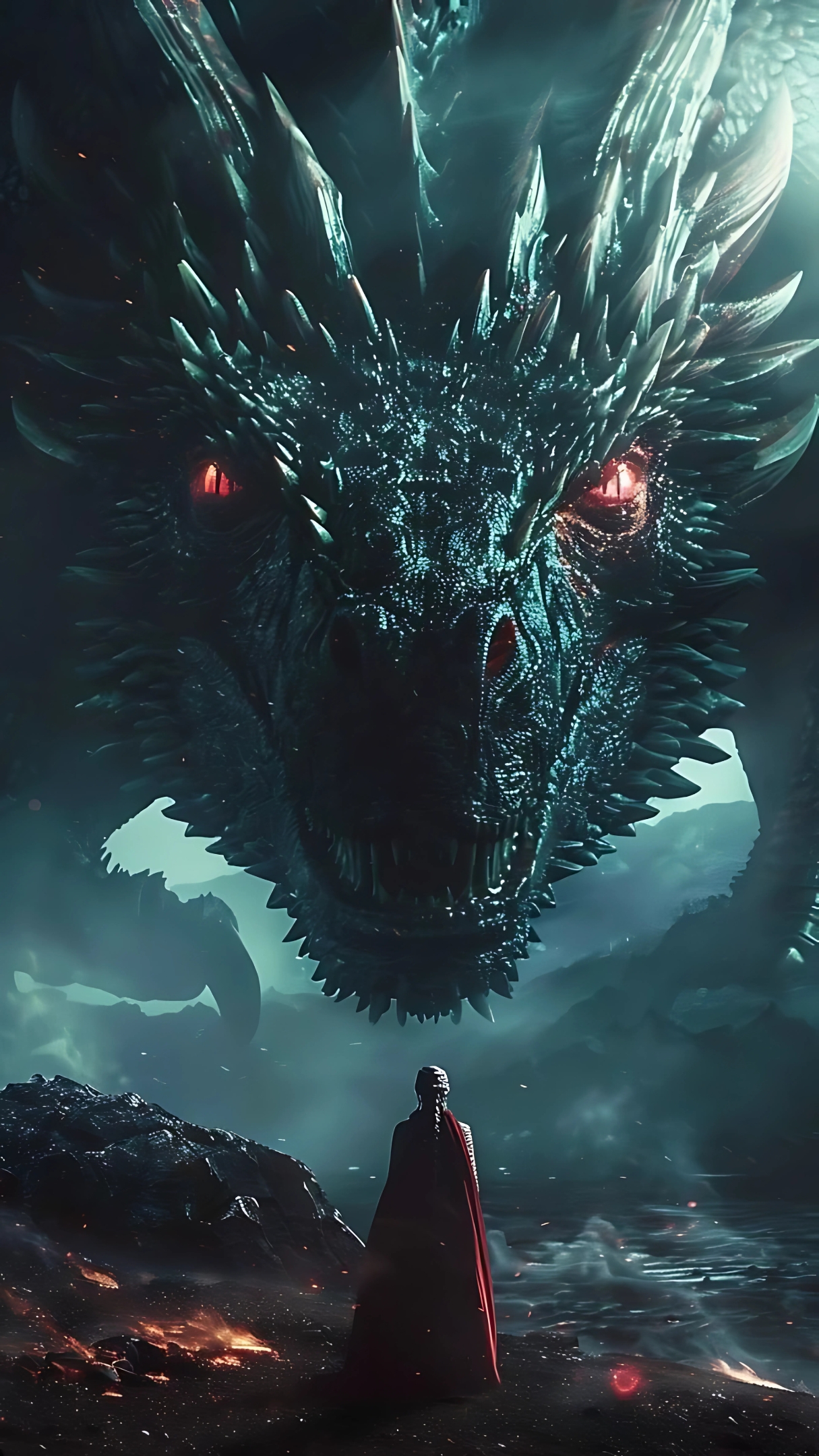Daenerys Targaryen stands before her dragon Drogon with glowing red eyes – Game of Thrones 4K mobile wallpaper