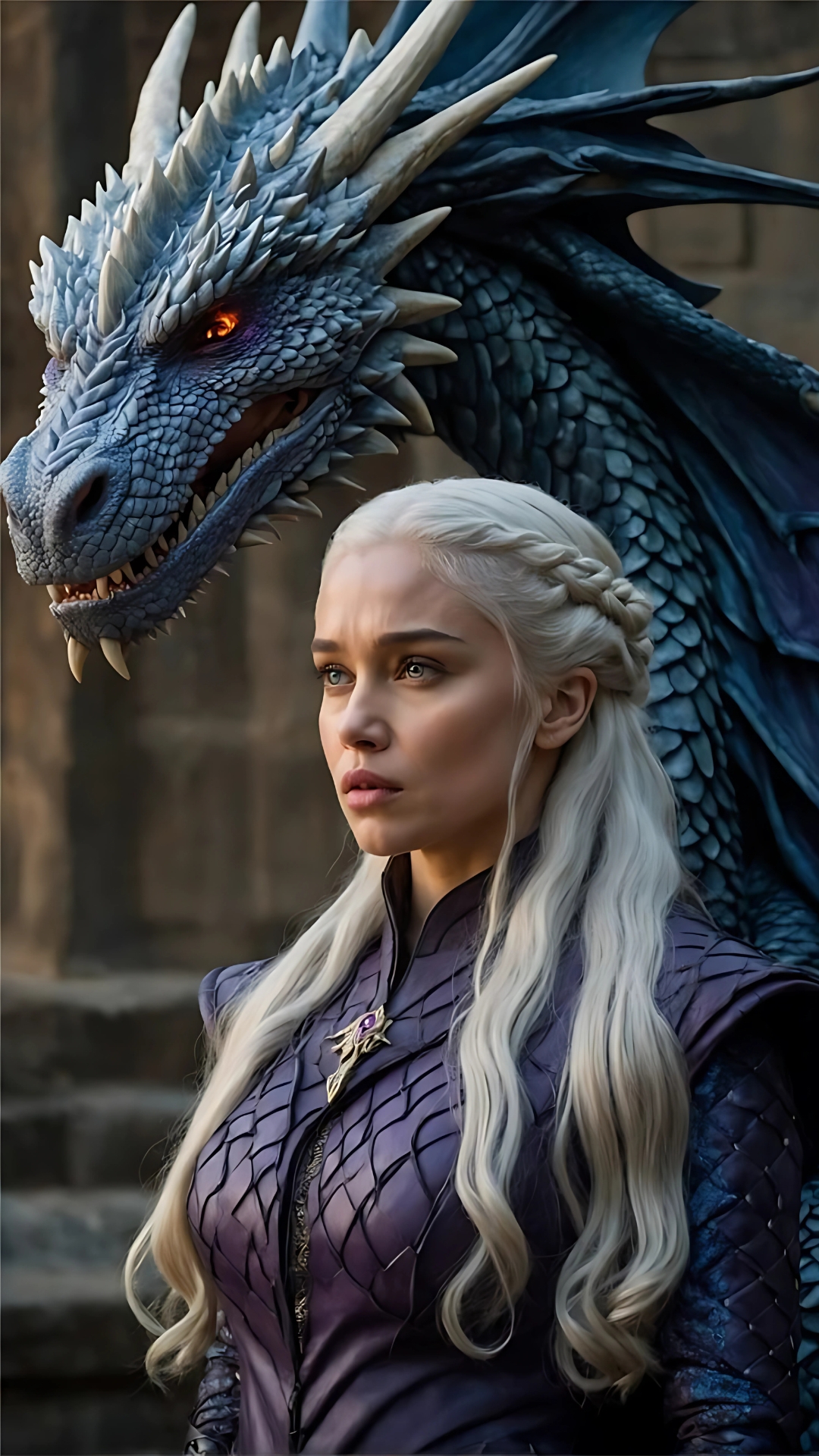 Realistic 4K portrait of Daenerys Targaryen standing powerfully beside her dragon with detailed armor and braided hair.