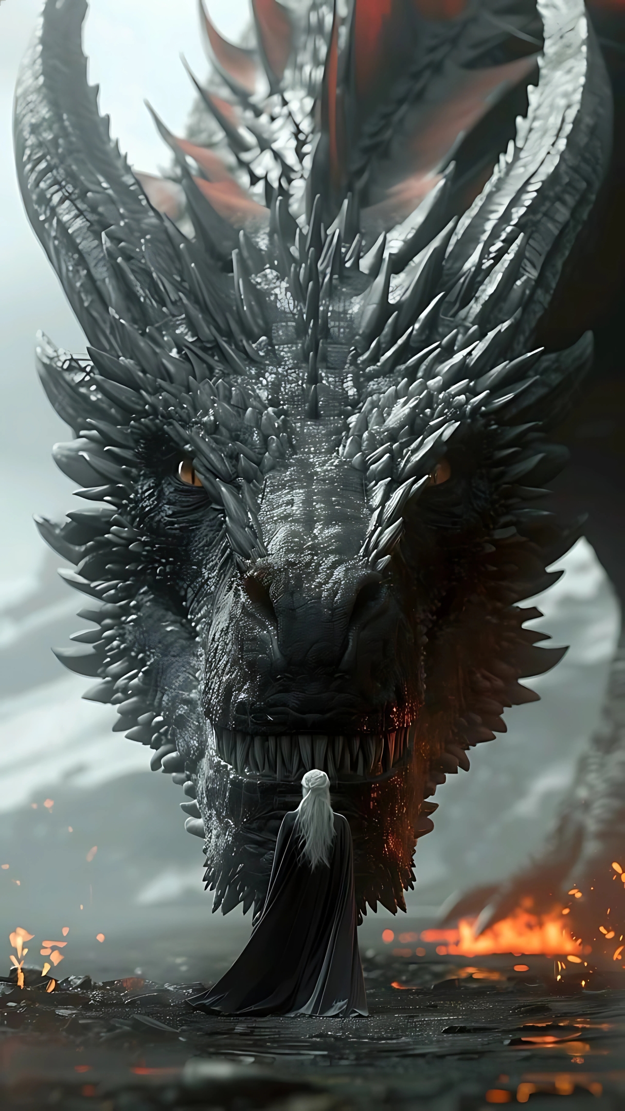 Daenerys Targaryen faces her dragon Drogon in a volcanic setting – Game of Thrones fantasy wallpaper in 4K