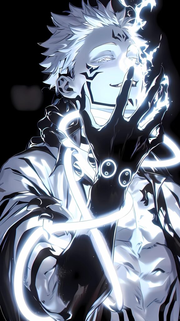 Dark anime wallpaper of Sukuna with glowing black hand, white hair, and cursed energy aura, inspired by Jujutsu Kaisen