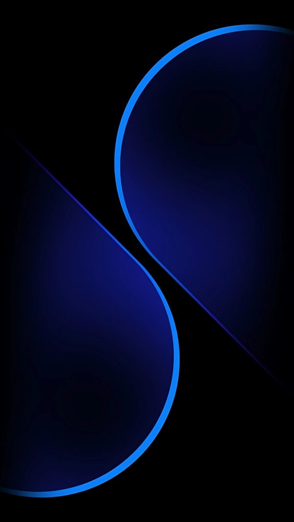 Dark blue wallpaper featuring abstract curved shapes with glowing blue edges on a black background