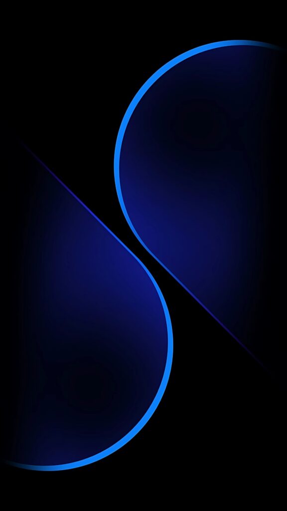 Abstract dark wallpaper featuring deep blue curved shapes with glowing blue edges on a pure black background.