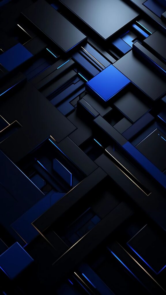 Dark blue and black abstract geometric wallpaper with layered 3D rectangular shapes and modern tech-inspired design