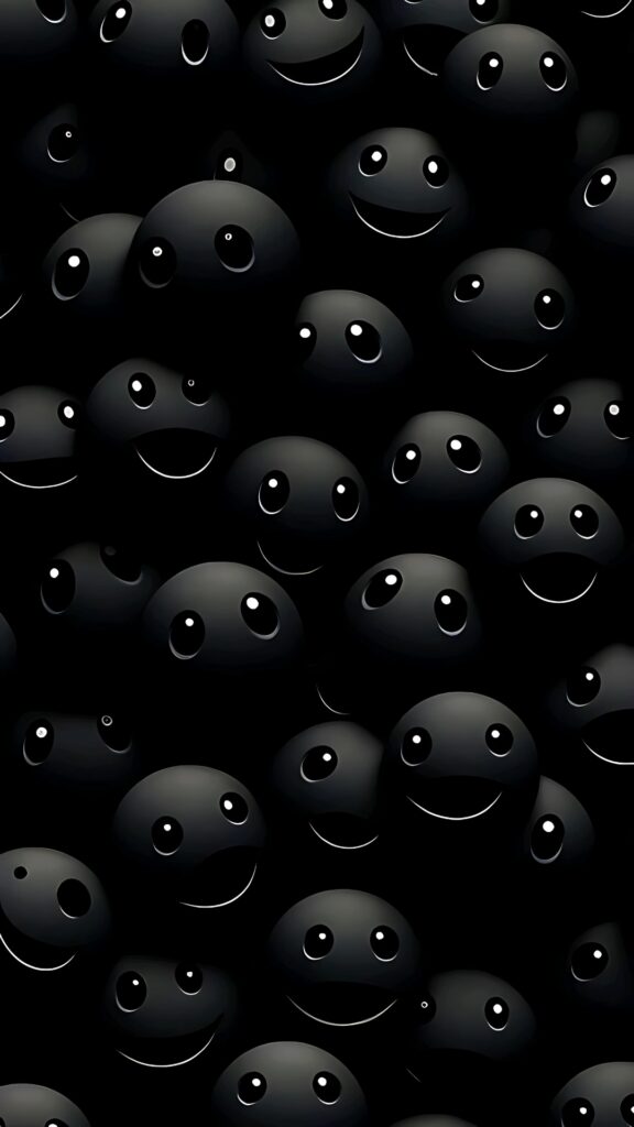 Dark-themed phone wallpaper featuring a pattern of cute, round black smiley faces with glowing eyes and subtle gradients on a black background.