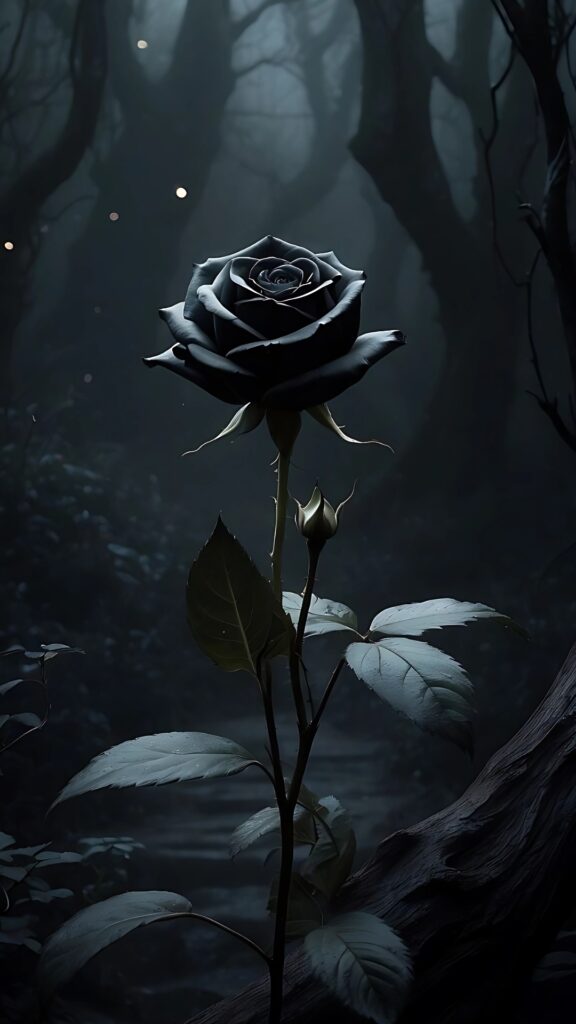 Dark floral wallpaper featuring a black rose blooming in a misty, shadowy forest at night