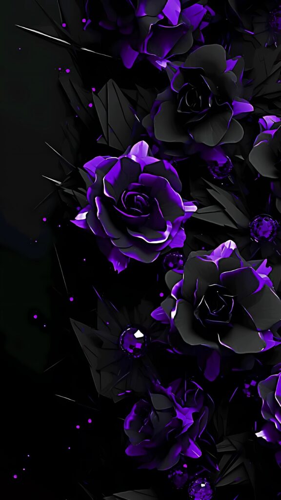 Black and deep purple roses with gemstone accents on a dark abstract background