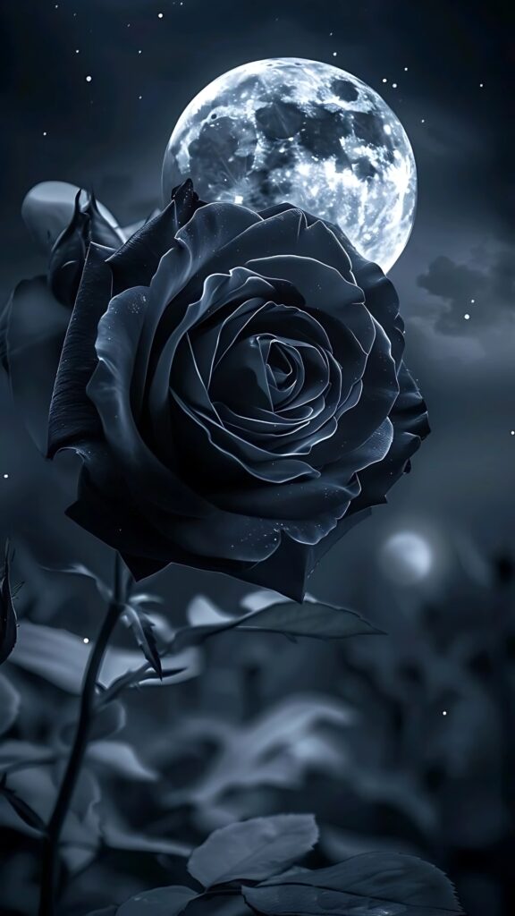 Black rose under moonlight with a glowing full moon in the background, set in a dark night atmosphere