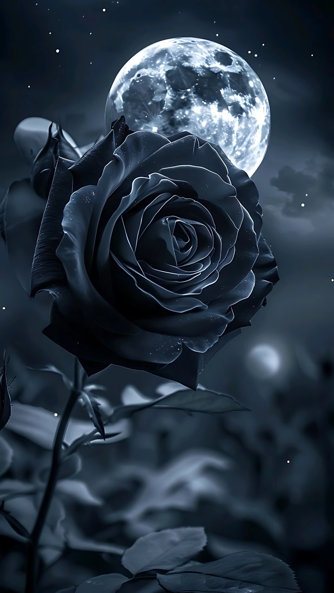 Black rose under moonlight with a glowing full moon in the background, set in a dark night atmosphere