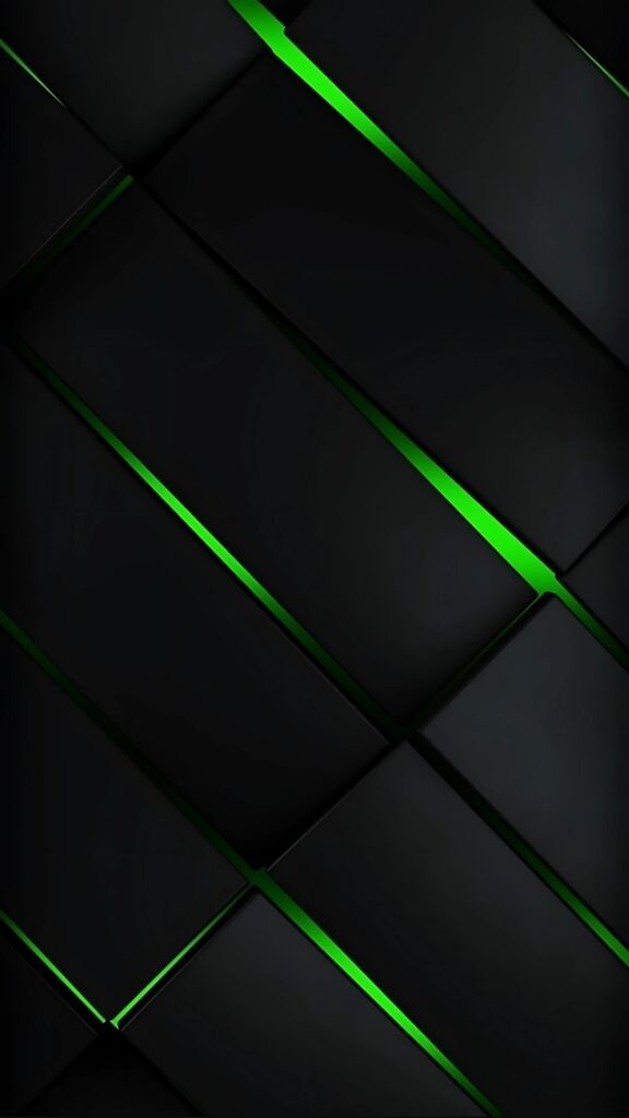 Sleek 4K wallpaper with diagonal black panels and glowing neon green lines