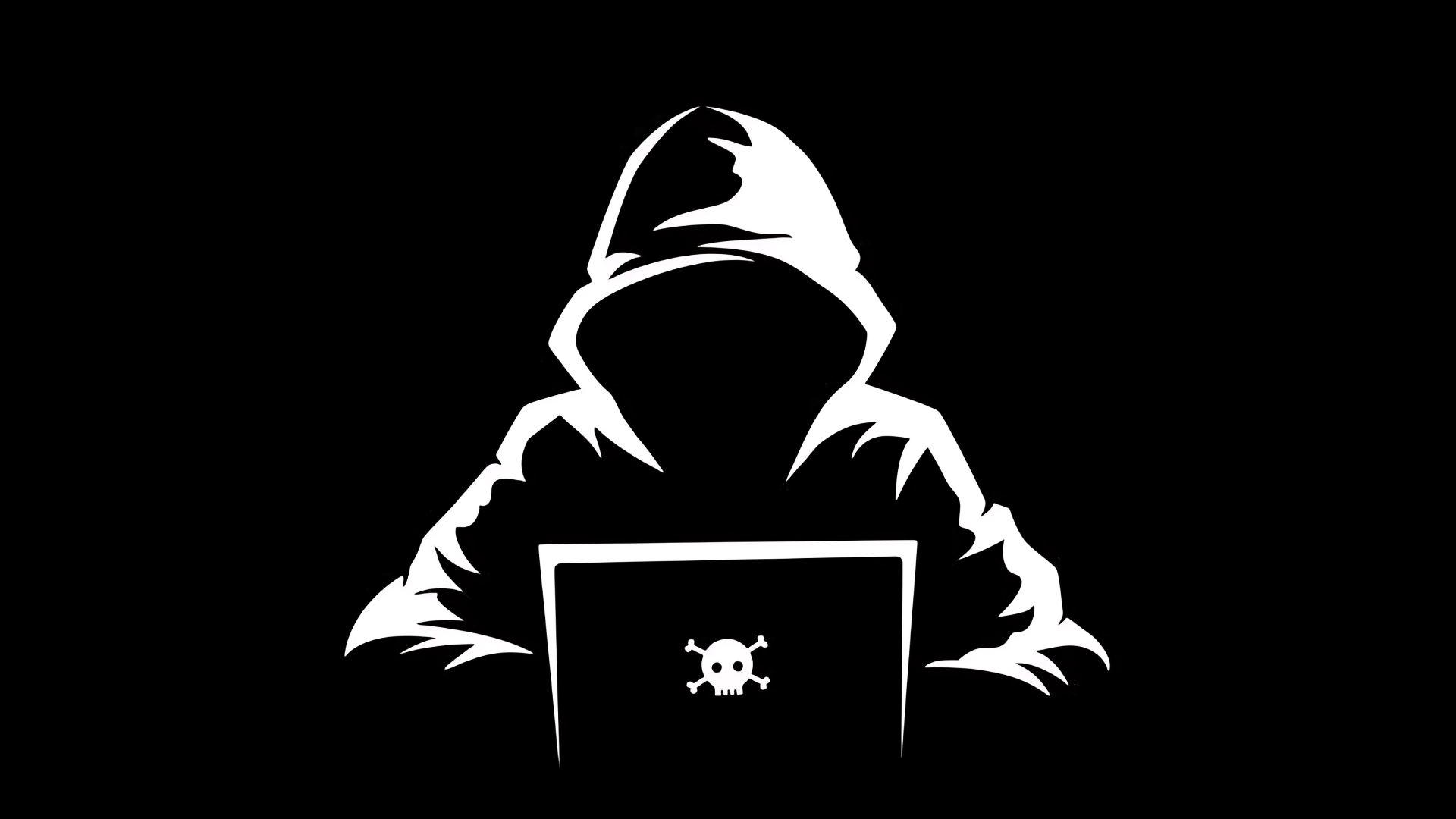 Dark hacker wallpaper featuring a hooded figure using a laptop with a skull emblem on a black background