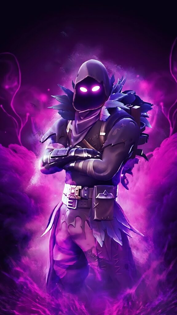 Fortnite Raven skin wallpaper with glowing purple eyes and dark aura effect
