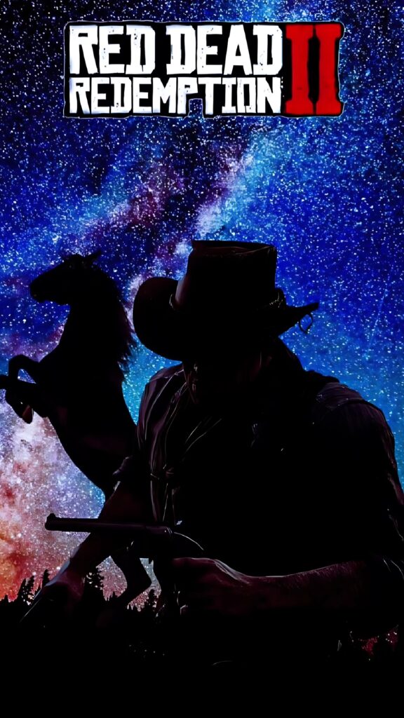 Dark-themed Red Dead Redemption 2 wallpaper featuring a cowboy with a rifle and a rearing horse silhouette against a vibrant starry night sky.