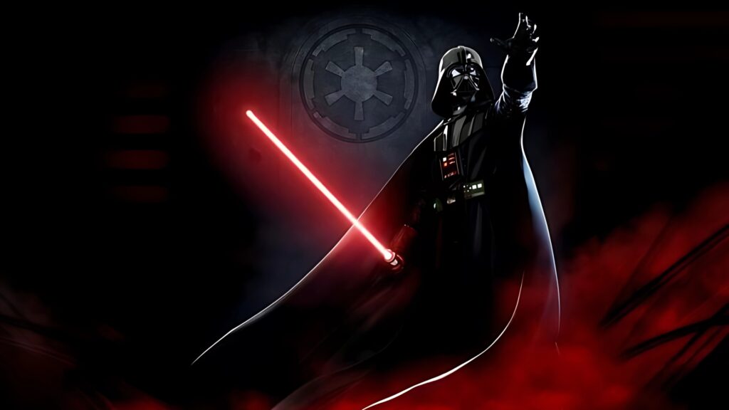 Darth Vader using the Force with red lightsaber and Galactic Empire symbol in dark cinematic background.
