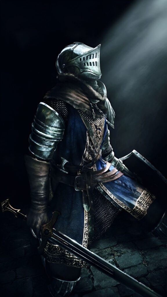 Armored Dark Souls knight holding sword and shield, bathed in spotlight with dark medieval background