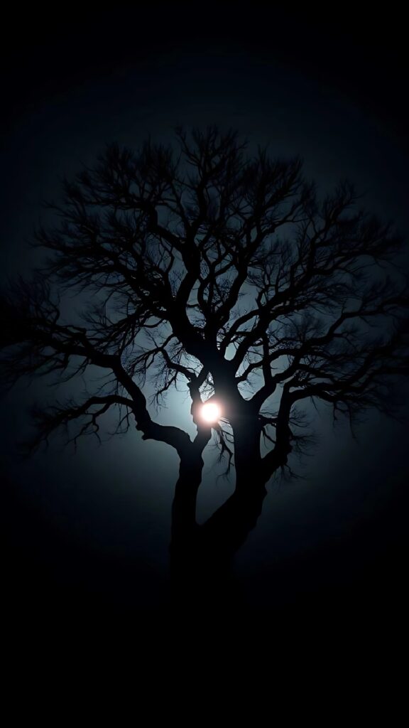 Dark wallpaper showing a bare tree silhouette with moonlight glowing through the branches