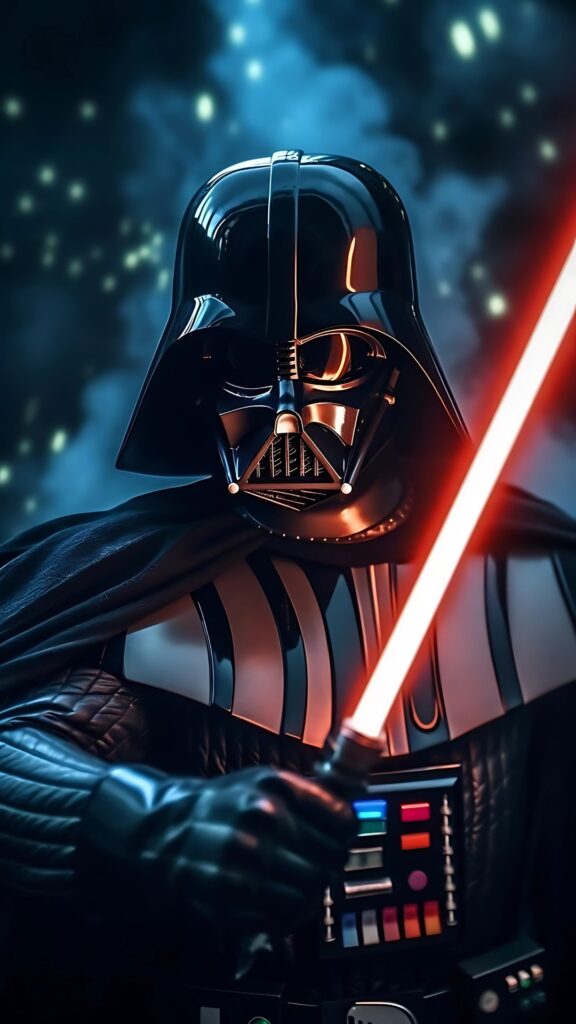 Close-up of Darth Vader with glowing red lightsaber, black armor, and a smoky blue background from Star Wars.