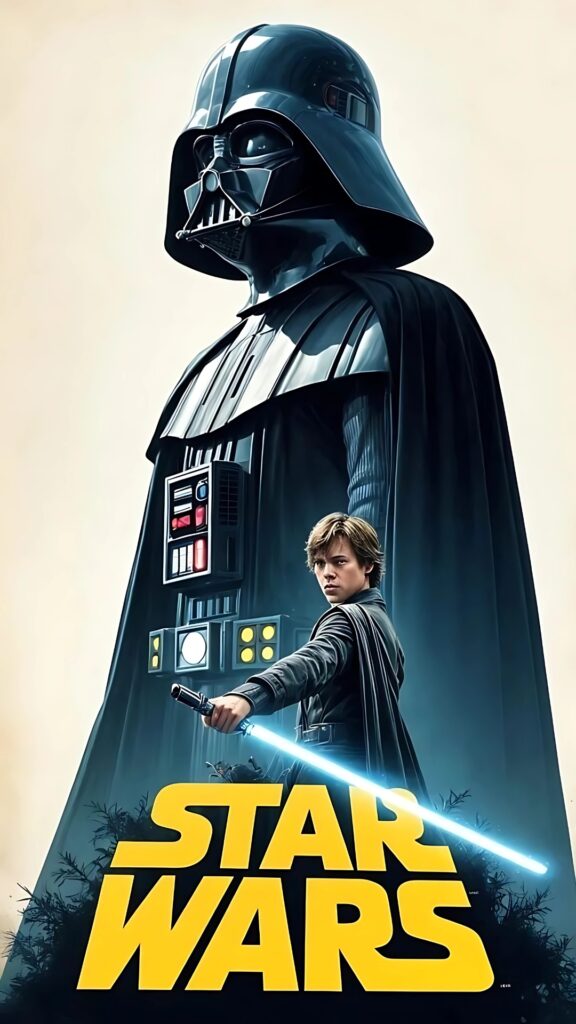 Darth Vader and Luke Skywalker Star Wars iPhone wallpaper with iconic yellow logo on minimalist background.