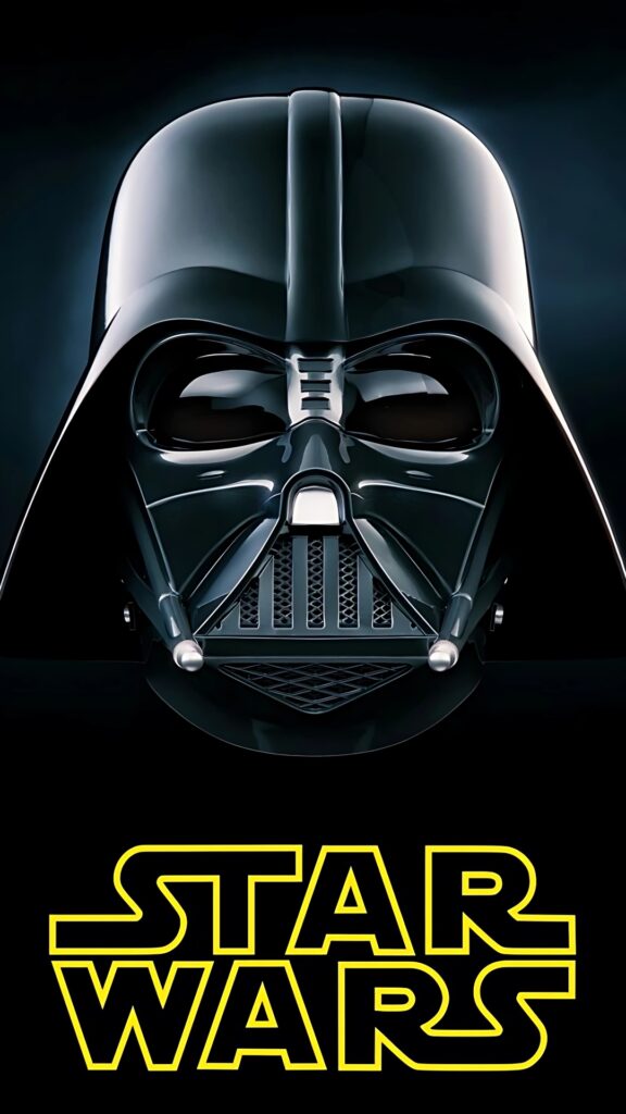 Close-up of Darth Vader’s helmet with STAR WARS logo on a black background.