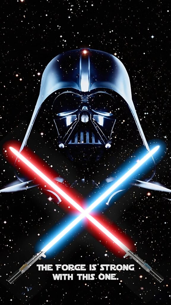 Darth Vader with red and blue lightsabers crossed in space, with the quote “The Force is strong with this one.”