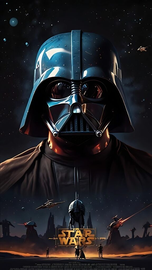 Darth Vader wallpaper for iPhone featuring galactic backdrop, fighter ships, and Star Wars logo with cinematic design.