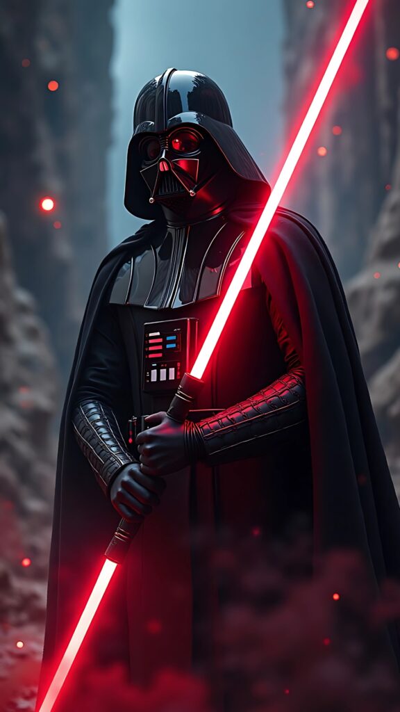 Darth Vader holding red lightsaber in a dramatic canyon setting with glowing embers and dark armor