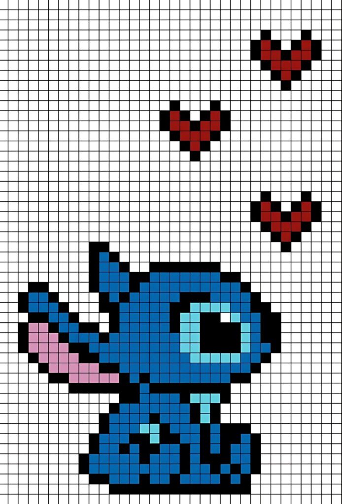 Dibujo pixelado de Stitch estilo kawaii con corazones rojos, hecho sobre cuadrícula para colorear fácilmente, ideal para fans de Disney.
