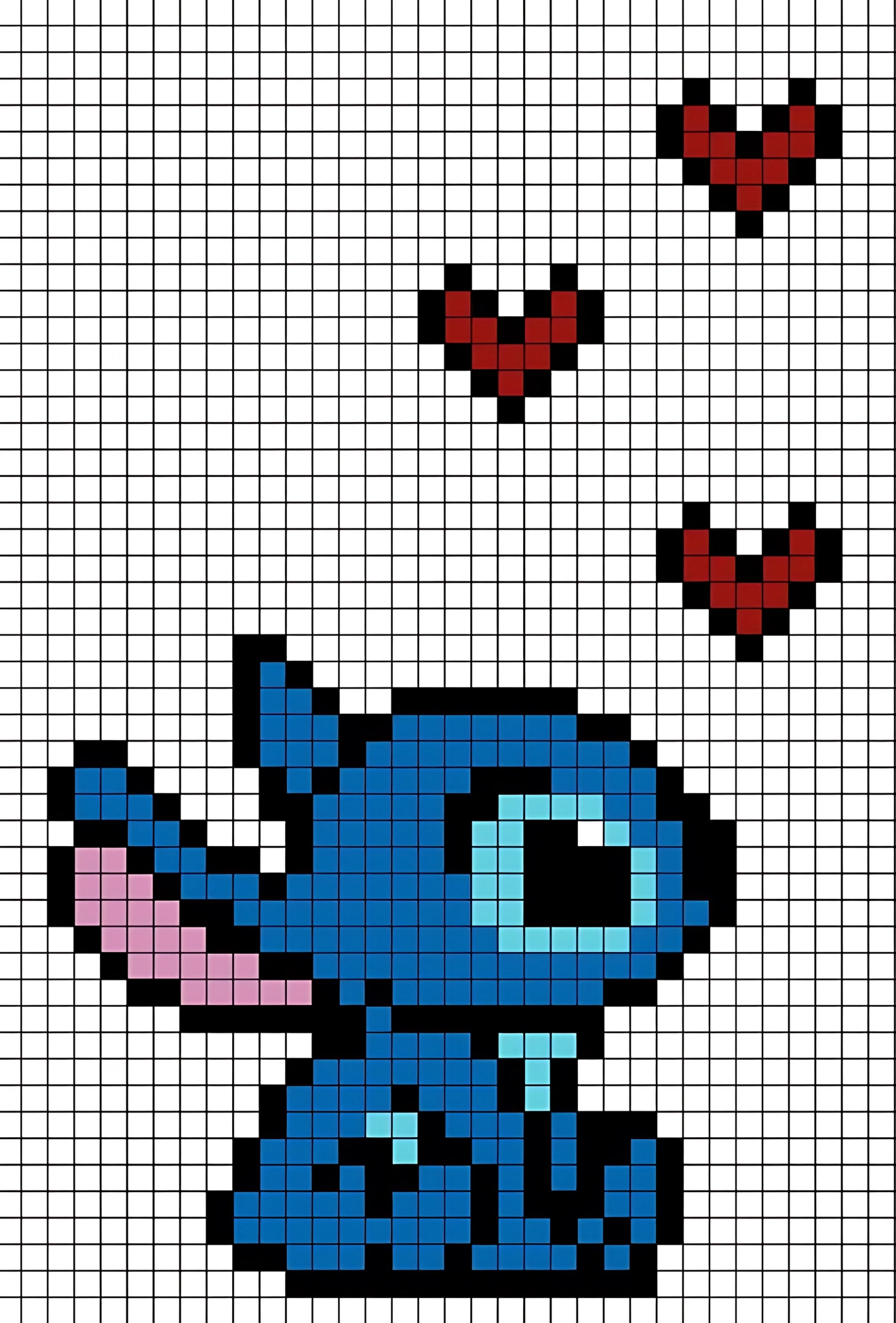 Dibujo pixelado de Stitch estilo kawaii con corazones rojos, hecho sobre cuadrícula para colorear fácilmente, ideal para fans de Disney.