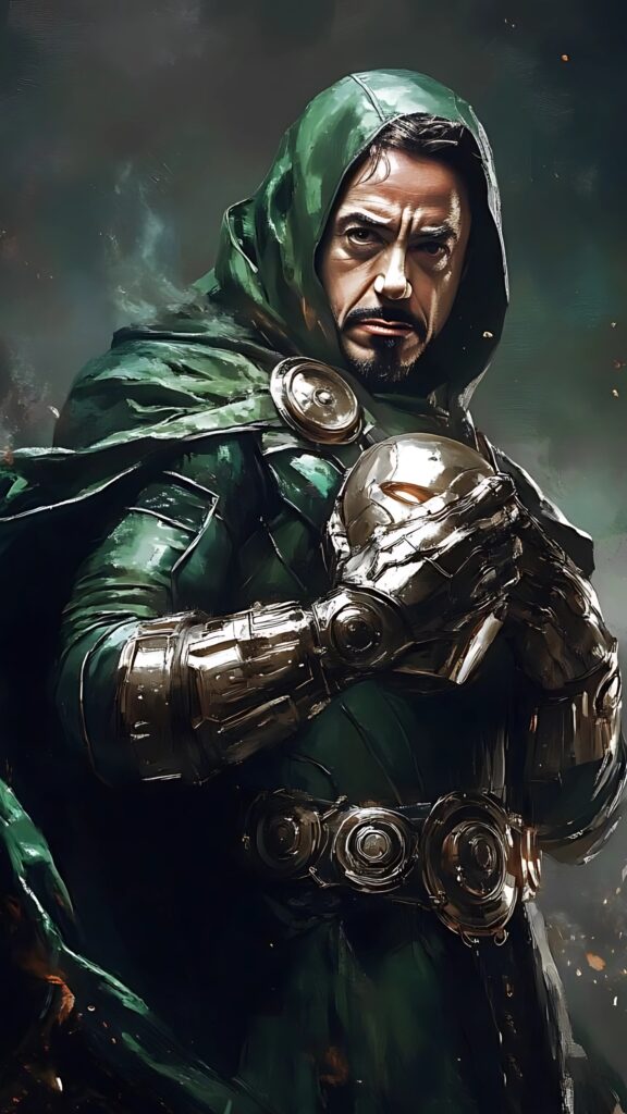 4K digital artwork of Doctor Doom in a green hood and metallic armor holding his iconic mask, with a cinematic expression and dramatic lighting.