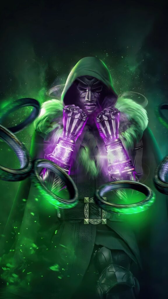 Doctor Doom in 4K ultra-HD, wearing green hooded armor with glowing purple gauntlets, summoning mystical rings of power in a green energy field.
