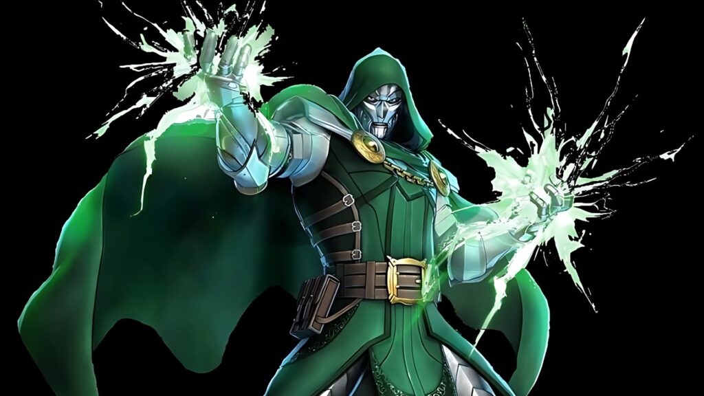 Dynamic image of Doctor Doom in green armor and cloak casting green magical energy from both hands, in high-resolution 1920x1080.