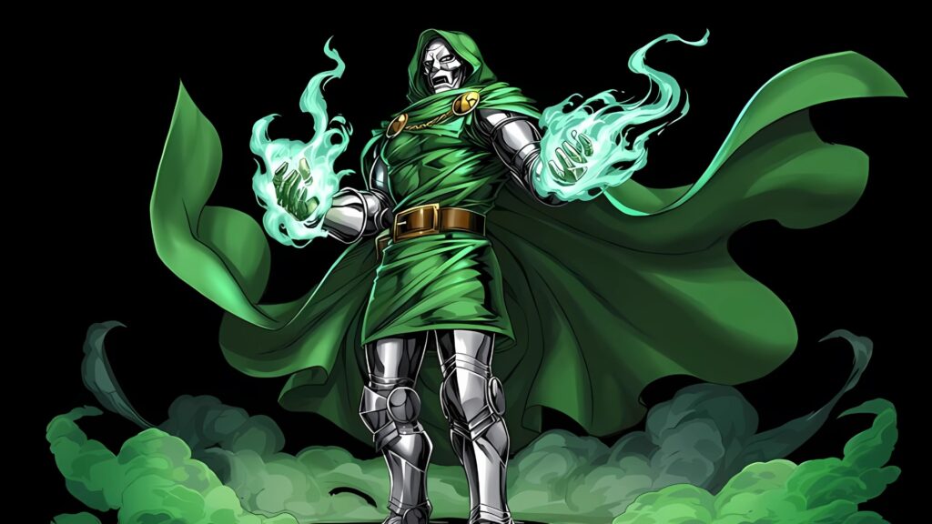 Classic comic-style Doctor Doom image in green cape and armor, summoning green mystical energy, with dramatic smoke and flowing cape.