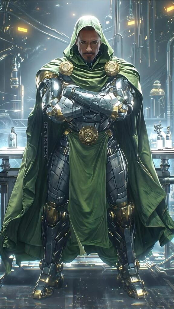Realistic digital art of Doctor Doom wearing advanced metallic armor with a green cloak, standing in a high-tech laboratory environment.