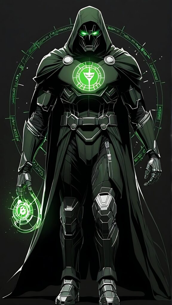 Striking digital artwork of Doctor Doom in futuristic black armor with glowing green energy core and eyes, surrounded by mystical symbols.
