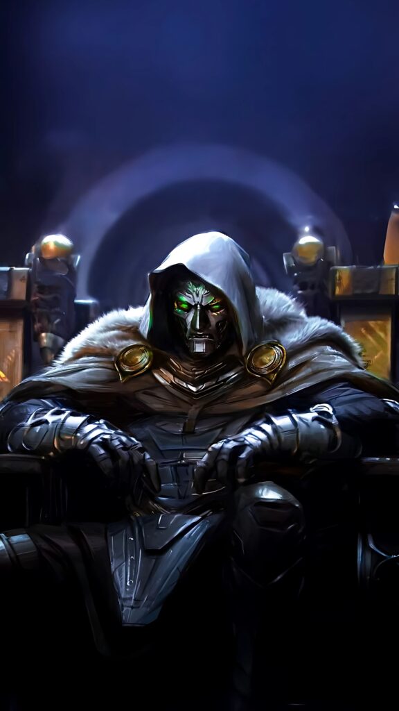 Epic digital artwork of Doctor Doom sitting on a dark throne, wearing his iconic hood and armor, with glowing green eyes and a powerful, ominous presence.