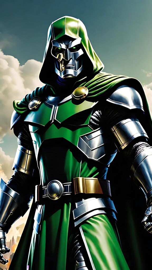 High-definition digital artwork of Doctor Doom in green armor and metallic mask, showcasing the iconic Marvel villain with dramatic lighting and clouds in the background.