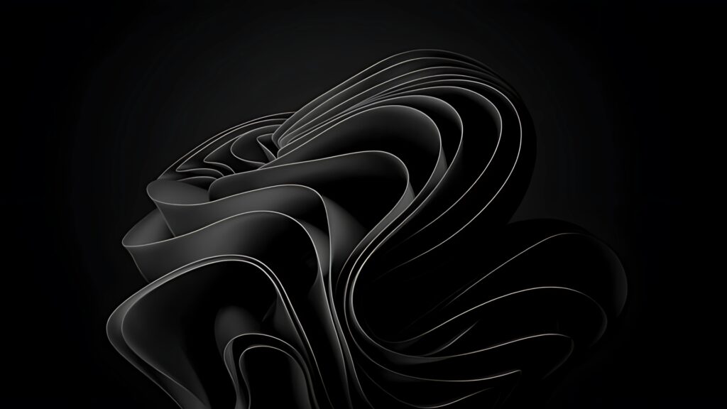 3D abstract black solid structure with fluid, folded shapes on a dark background – perfect 1920x1080 black wallpaper for desktops and devices.