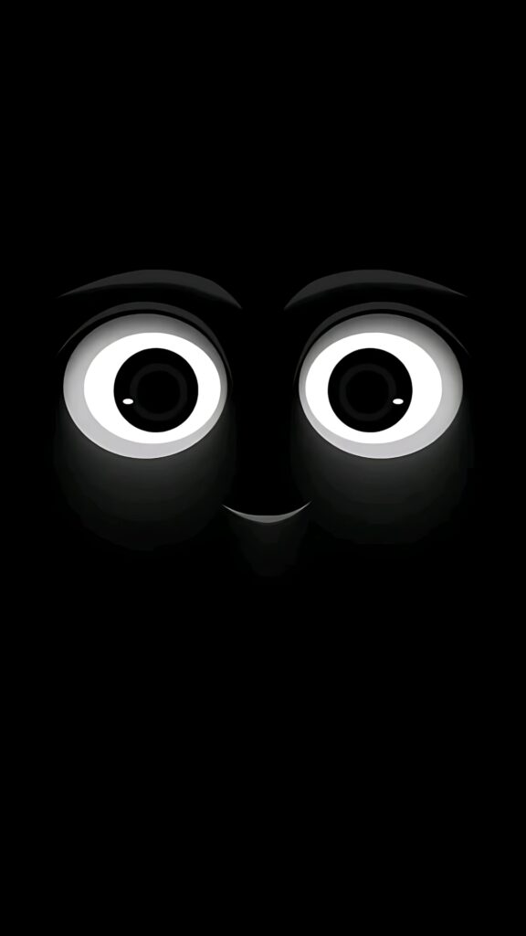 Minimalist black wallpaper with glowing cartoon eyes and a subtle smiling face, perfect for a playful dark-themed mobile background.
